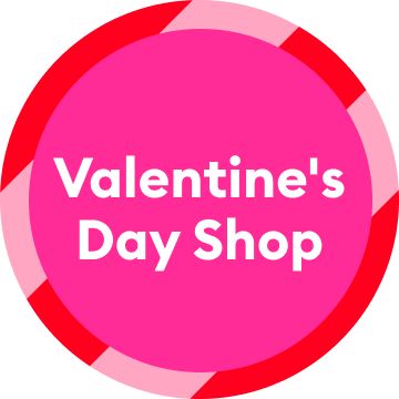 "Valentine's Day Shop" text on a pink background with a striped border